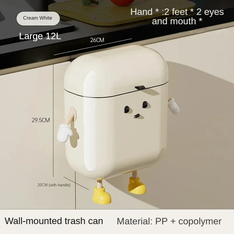 New 9L/12L DIY Cream-Colored Wall-Mounted Kitchen Bedroom Trash Can Waterproof Garbage Bin with Lid Cute Large Capacity Cans